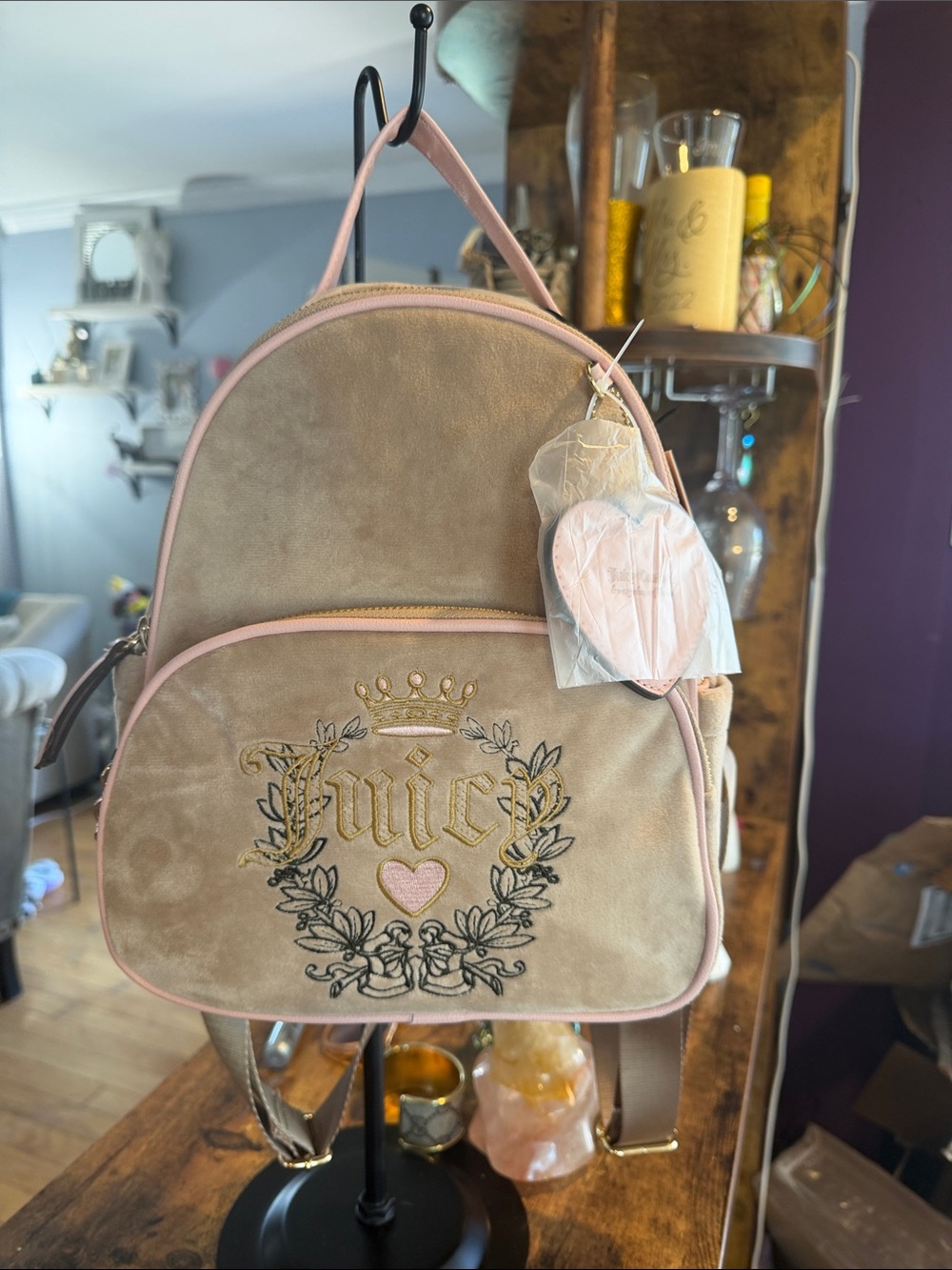 Juicy Couture Beige Suede Backpack with Pink Trim